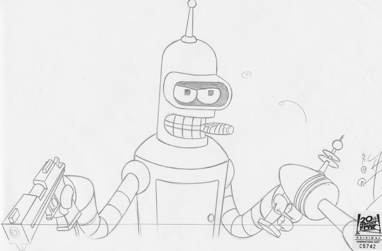 Futurama Production Drawing Bender with Guns in Matt Driscoll s. Source. ww...