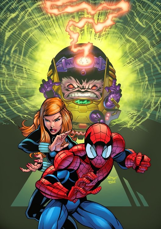 Spiderman & The Black Widow, in John Royle's SPIDERMAN, X-MEN ,DANGER GIRL,   & Marvel Heroes original printed artwork, assorted superhero's from  different titles. Comic Art Gallery Room