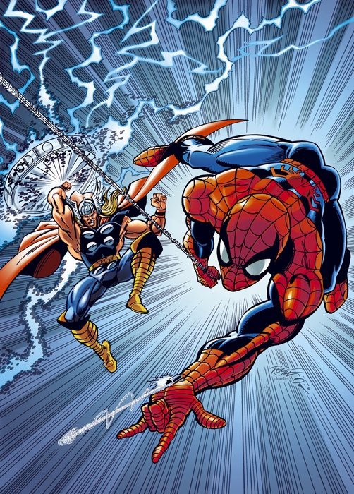 Spiderman Thor Cover, in John Royle's SPIDERMAN, X-MEN ,DANGER GIRL,   & Marvel Heroes original printed artwork, assorted superhero's from  different titles. Comic Art Gallery Room