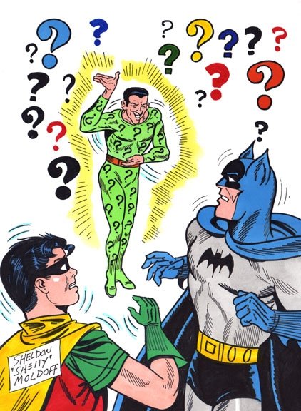 Batman & Robin vs Riddler by Shelly Moldoff, in Arnie Grieves's Commissions  and convention sketches Comic Art Gallery Room