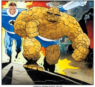 1990, MIKE MIGNOLA, FANTASTIC FOUR (FANTASTIC TWO, REED RICHARDS/MR. FANTASTIC & BEN GRIMM/THING) POSTER WATERCOLOR FIRST DRAFT ART FOR 1990 FANTASTIC FOUR POSTER ART, 10INCH X 9.5INCH, Comic Art