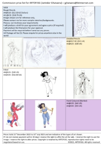 Commission price list for Jatinder Ghataora 1st Jan 2023, Comic Art