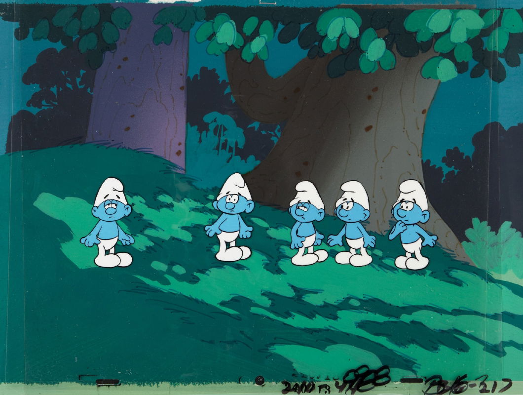 The Smurfs - Original animation cel of Smurfette, Grouchy and another –  Gallery Animation