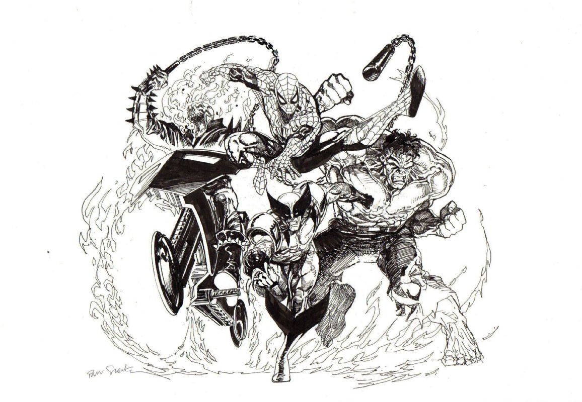 Sienkiewicz - The New Fantastic Four (Spider-Man, Wolverine, Hulk & Ghost  Rider, from FF #347-349), in Francesco Bazzana's SIENKIEWICZ, BILL Various  black & white art Comic Art Gallery Room