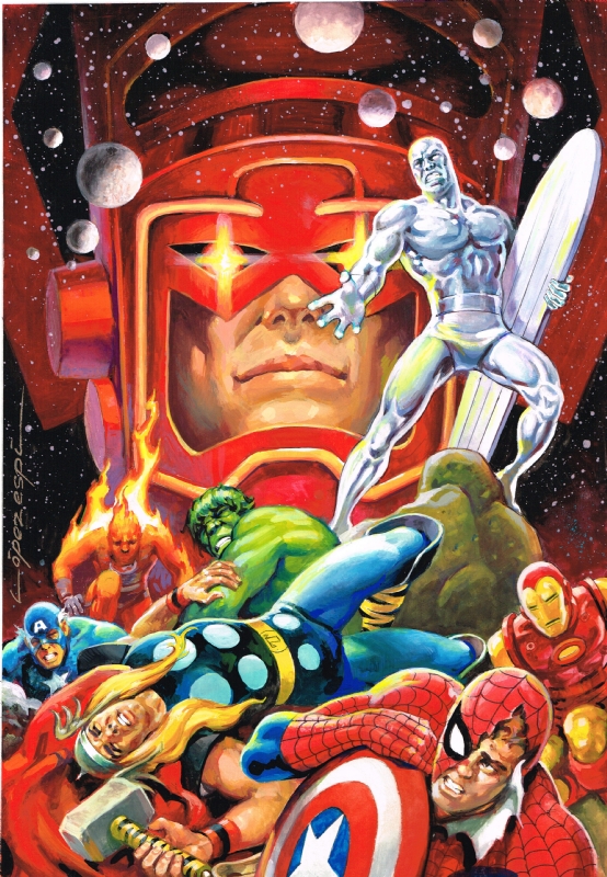 GALACTUS AND SILVER SURFER vs SPIDER-MAN, THOR, IRON MAN, HULK, CAPTAIN  AMERICA AND HUMAN TORCH BY LOPEZ ESPI., in Ambros Carrion's GALACTUS AND SILVER  SURFER vs SPIDER-MAN, THOR, IRON MAN, HULK, CAPTAIN