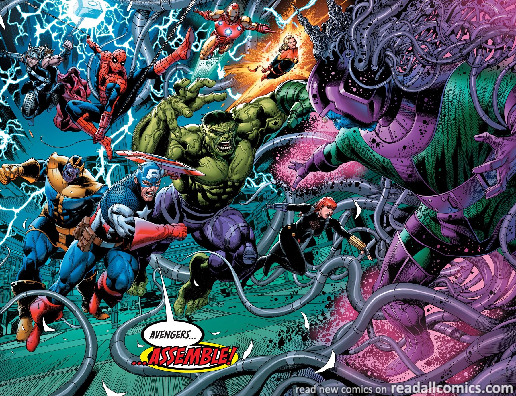 Avengers Mech Strike #4 DPS, 2021 -- The Avengers (incl the Big Three,  Spidey, Hulk, Ms Marvel & Black Widow) + Thanos VS Kang!, in Paul P's  AVENGERS (Cheung, Bagley, Chen, Lopresti,