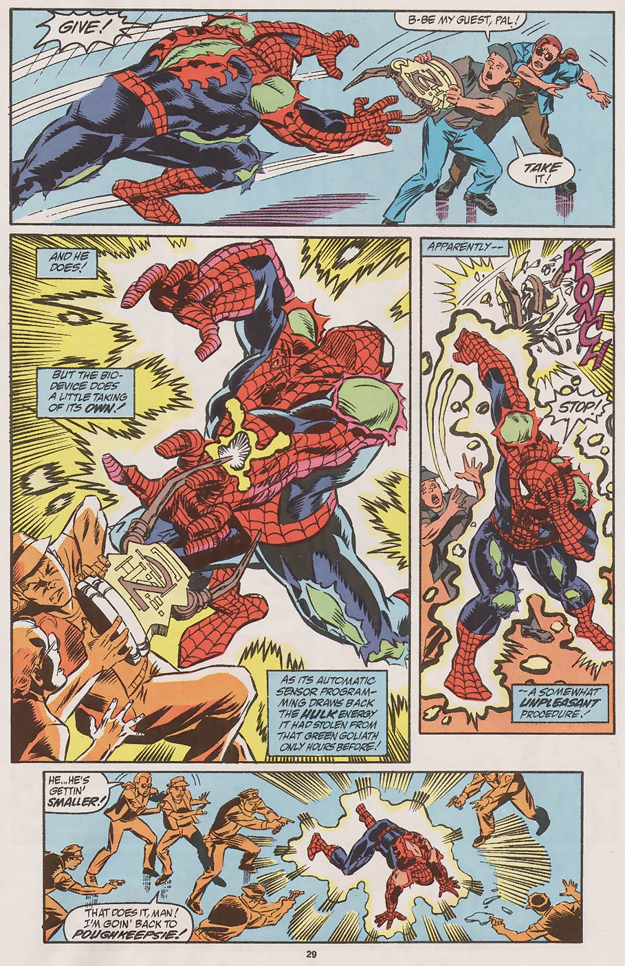 Web of Spider-Man #70 pg 21 by Saviuk, 1990 -- Spider-Hulk zapped by the  Biokinetic Energy Absorber and transformed!, in Paul P's SPIDER-MAN (Alex  Saviuk) Comic Art Gallery Room