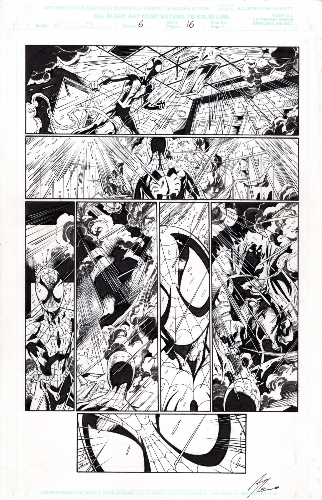 Ultimate Spider-Man #6 pg 16 by Bagley, 2001 ---1st time Spidey comes face  to face with  The Green Goblin!, in Paul P's SPIDER-MAN - ULTIMATE  (Bagley, McNiven) Comic Art Gallery Room