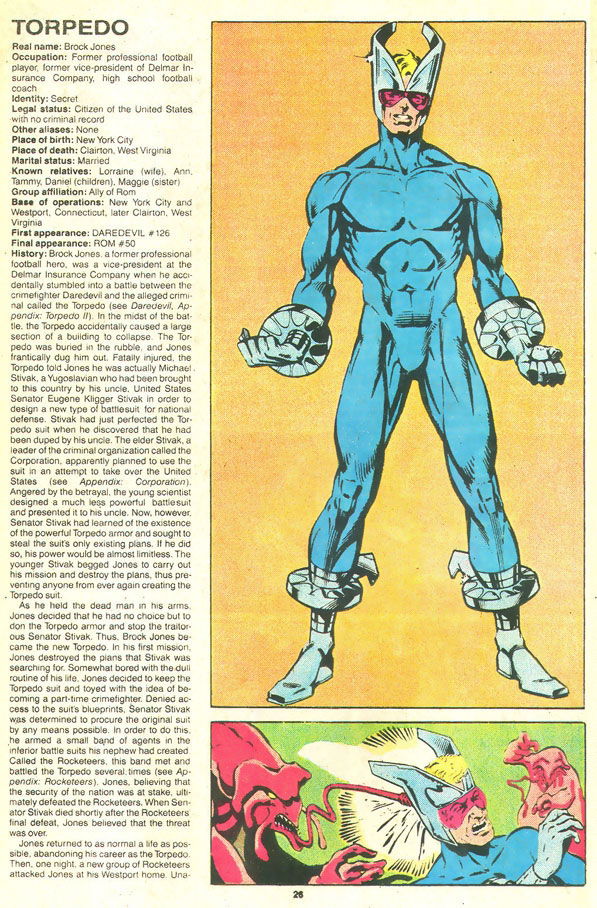 TORPEDO by BILL REINHOLD-OFFICIAL HANDBOOK OF THE MARVEL UNIVERSE #14 ...