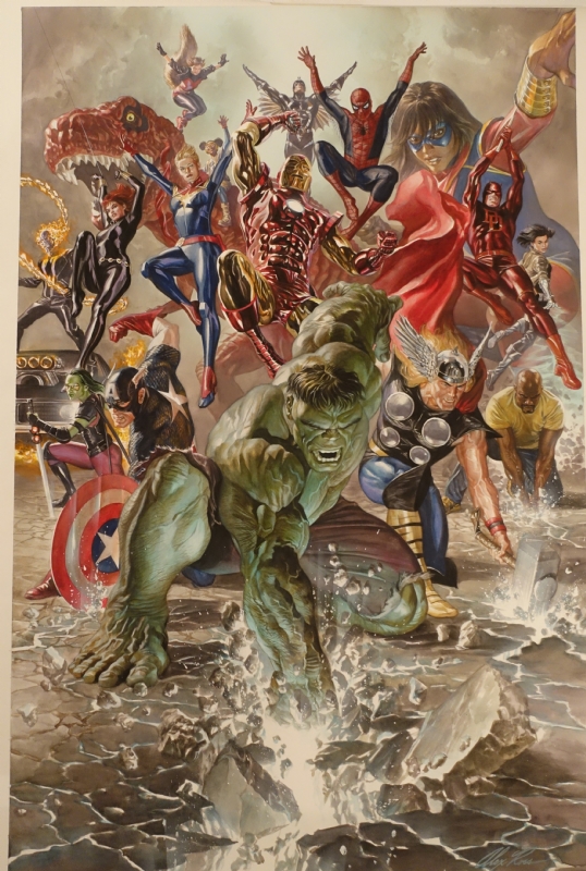 Marvel Legacy Superhero Montage Hulk Cap Thor Iron Man Daredevil Dinosaur Art 