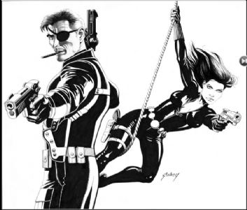 Black Widow Natasha Romanoff. Classic Nick Fury. James Bond Poster like by Paul Gulacy. 2014, Comic Art