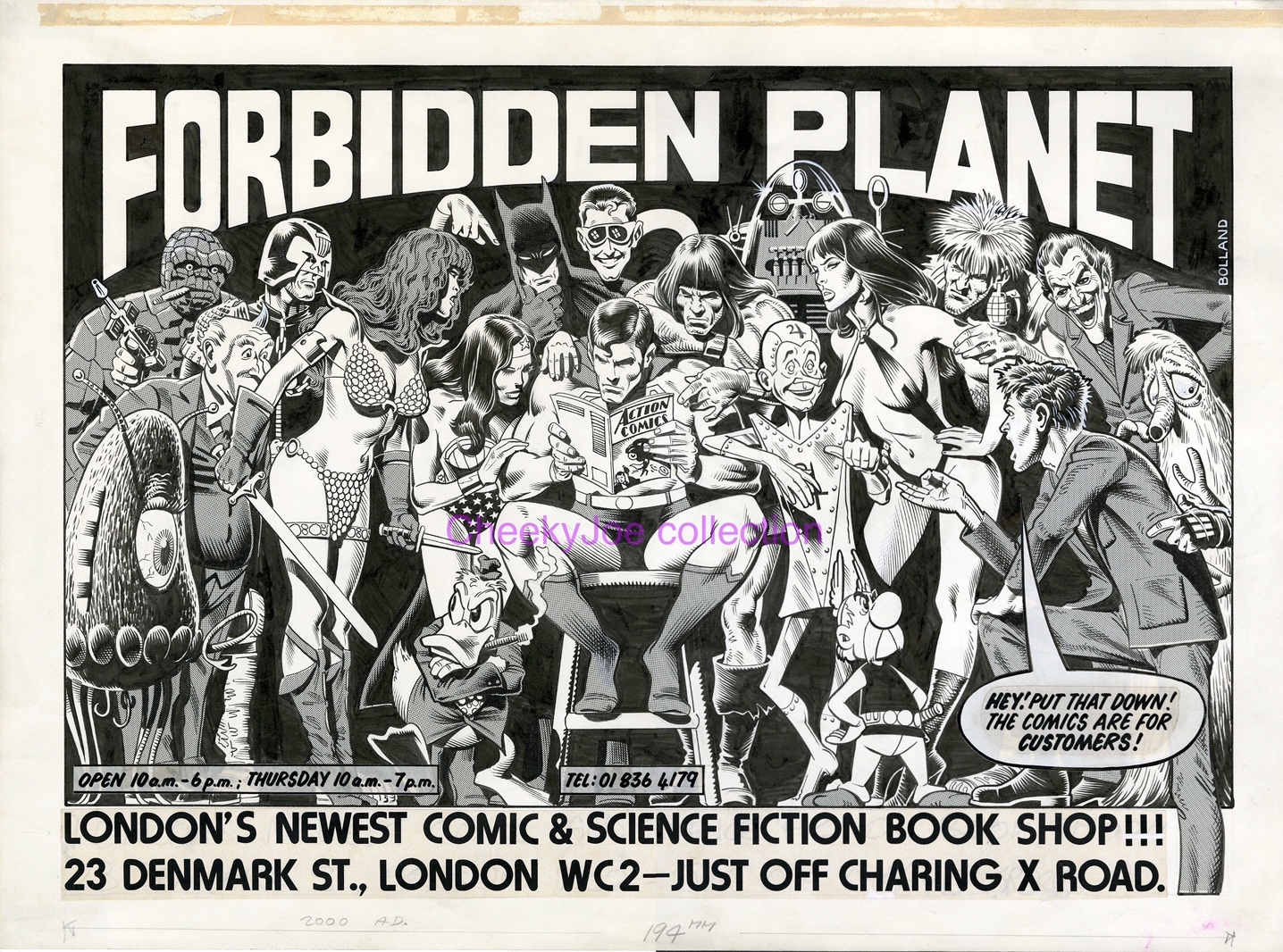 Forbidden Planet ad featuring everyone by Brian Bolland BATMAN JOKER JUDGE  DREDD, in Joseph Melchior's Brian Bolland Comic Art Gallery Room