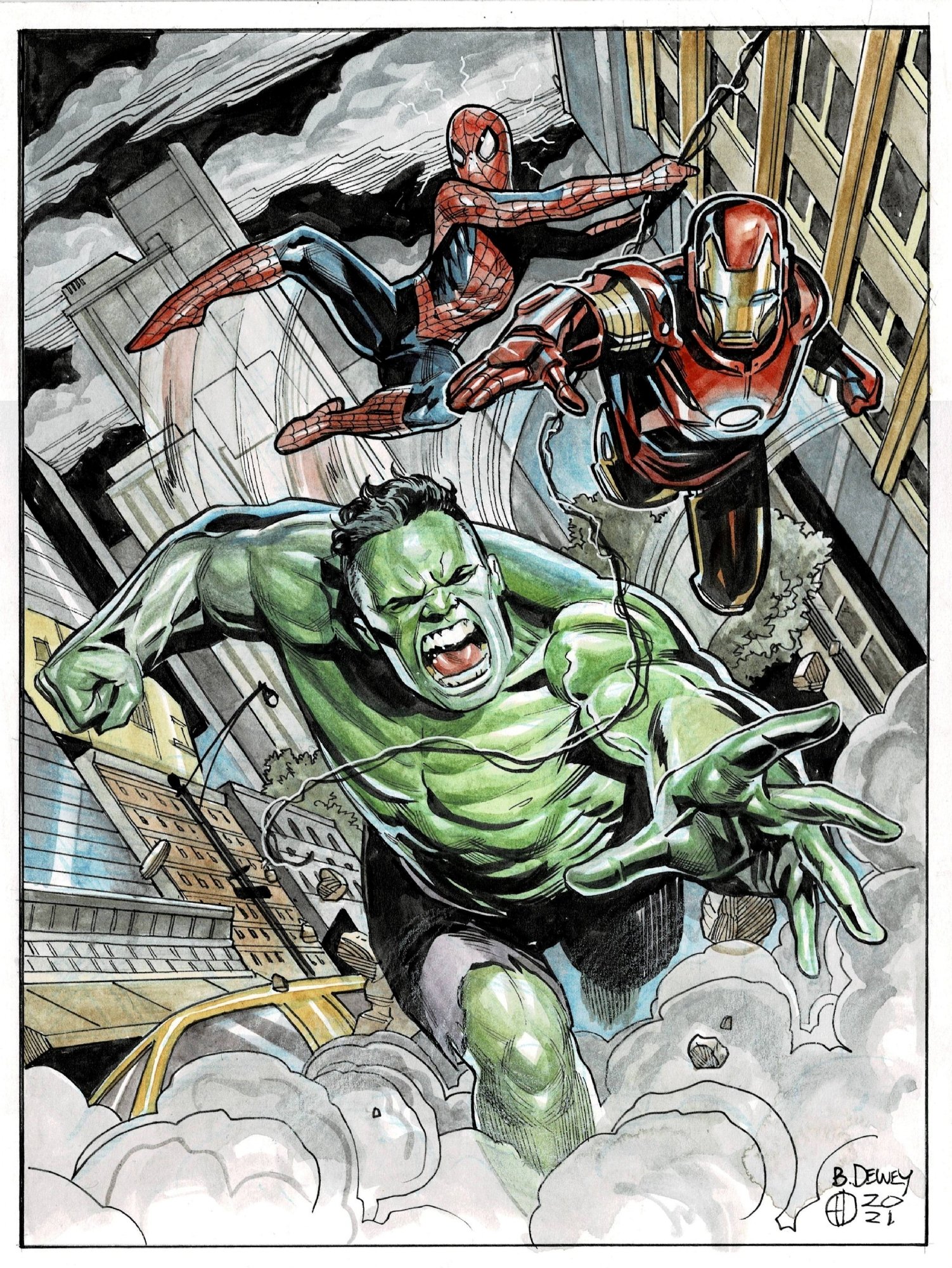 Spider-man, Iron Man and the Hulk - color gouache commission by Benjamiin  Dewey , in Ben Vandewalle's Covers and/or splash pages Comic Art Gallery  Room