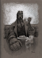 Hellboy enjoying  Pamcakes  by Richard Pace Comic Art